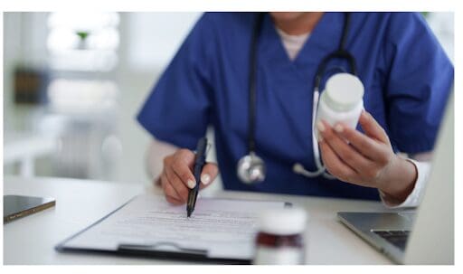 Medication being assessed by a medical professional